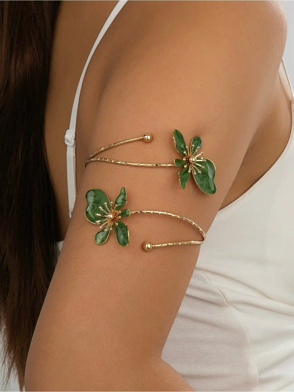 Gold Arm Cuff Bracelet with Green Enamel Flower Accents